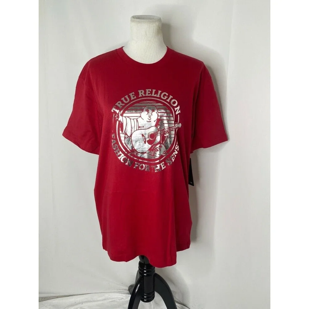 True Religion Buddha Foil Logo Shirt Mens Large Red Silver Short Sleeve Crewneck